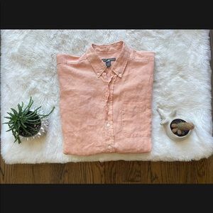 SAKS FIFTH AVENUE Men's Peach Large L 100% LINEN Casual Yacht Boat Beach Shirt